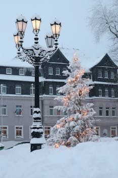 pexels-photo-19562846-19562846 A winter wonderland in Oberwiesenthal with a Christmas tree, snow-covered buildings, and a street lamp.