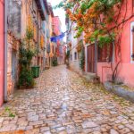Cobblestone colourful street in Istria, Croatia.