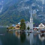 Hallstatt Village with church, on the lake, Austria