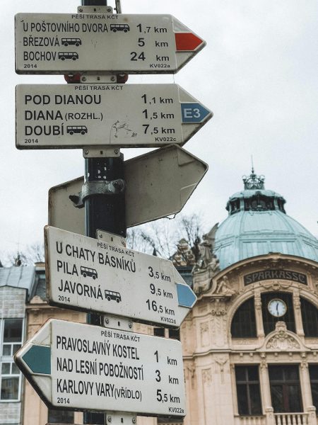Directional signposts in front of a historic building in Karlovy Vary, Czech Republ Directional signposts in front of a historic building in Karlovy Vary, Czech Republic.