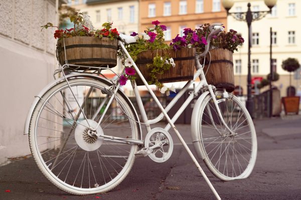 Charming vintage bicycle planter with colorful flowers on a street in Karlovy Vary, Czechia. Charming vintage bicycle planter with colorful flowers on a street in Karlovy Vary, Czechia.