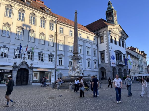 Ornate water fountain surrounded by elegant Venetian style buildings in the Old Town of Ljubljana. The medieval street is lined with boutique shops art galleries and historic architecture including the 15th century Town Hall.