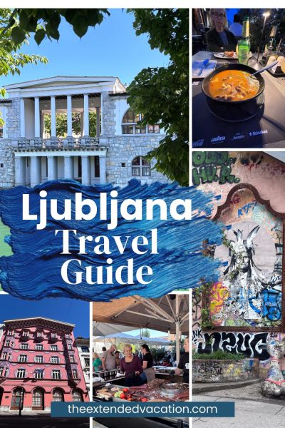 A collage of photos of Ljubljana including buildings, grafitti and local food.