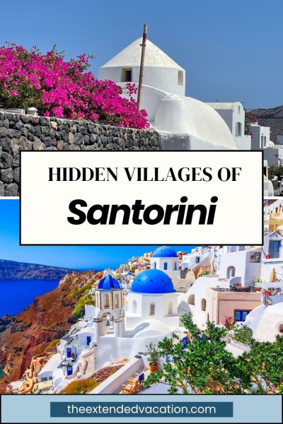 A vibrant collage showcases Santorini's iconic blue-domed buildings against a deep blue sea. Bright pink bougainvillea adds vivid color. Text reads "Hidden Villages of Santorini."