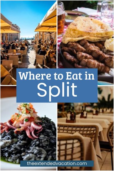 Pinterest graphic titled 'Where to Eat in Split,' made up of four photos. Top left: a bustling outdoor café terrace with striped umbrellas, people dining at tables along a stone promenade. Top right: a plate of grilled ćevapi sausages served with warm flatbread and a fried egg, alongside a glass of beer. Bottom left: a dish of black risotto topped with grilled octopus and diced tomato. Bottom right: an empty restaurant terrace with woven chairs and white tablecloths set for dining. The website theextendedvacation.com is shown at the bottom.
