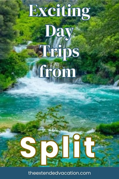Exciting Day Trip from Split (1) A travel graphic overlays white text reading "Exciting Day Trips from Split" across a vibrant photo of cascading waterfalls in Krka National Park. Turquoise water flows over mossy green rock ledges surrounded by lush forest, with a website link listed along a dark blue banner at the bottom.